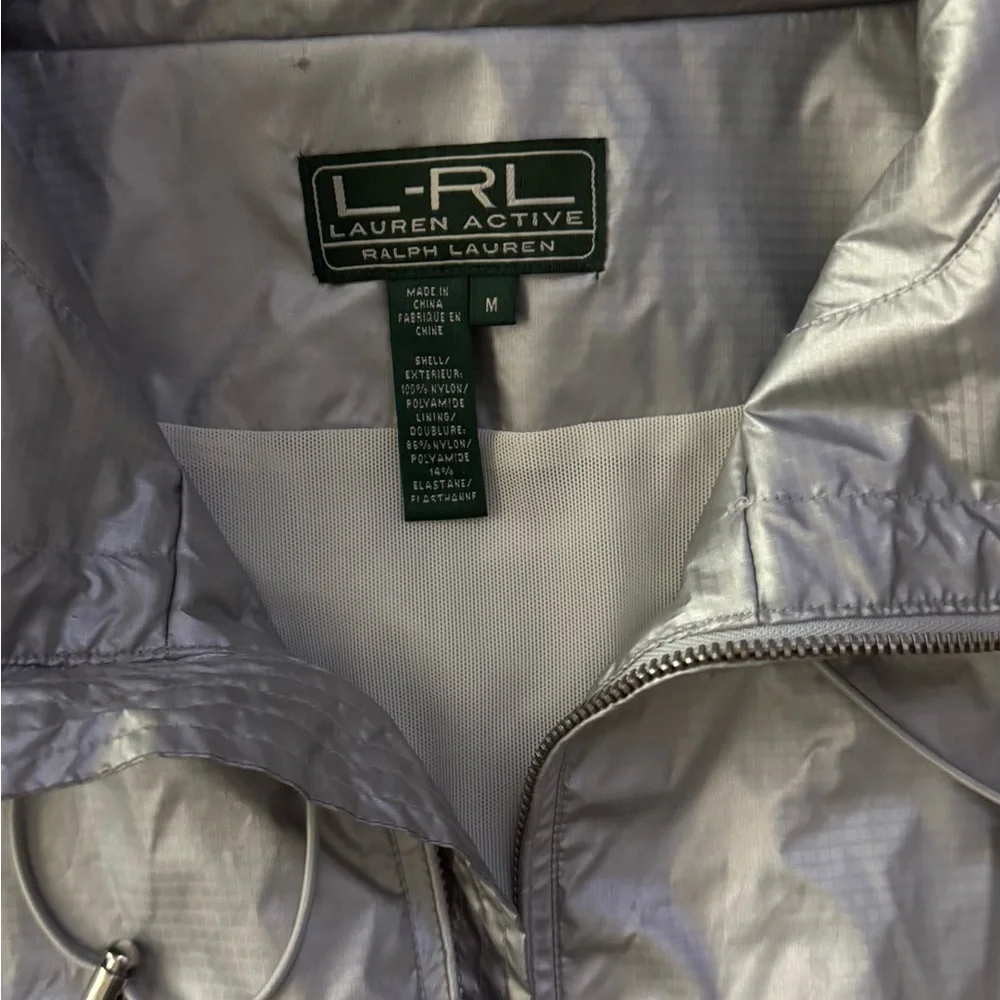 Ralph Lauren Women M Silver Foil Metallic Hooded Jacket Windbreaker Lightweight - Picture 3 of 8